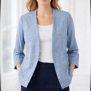 Talbots 100% linen open front collarless blazer jacket size 14 petite chambray